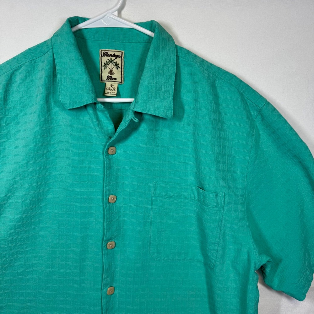 Montego Mon Men's Silk Button‎ Up Short Sleeve Tropical Shirt Green Size Large